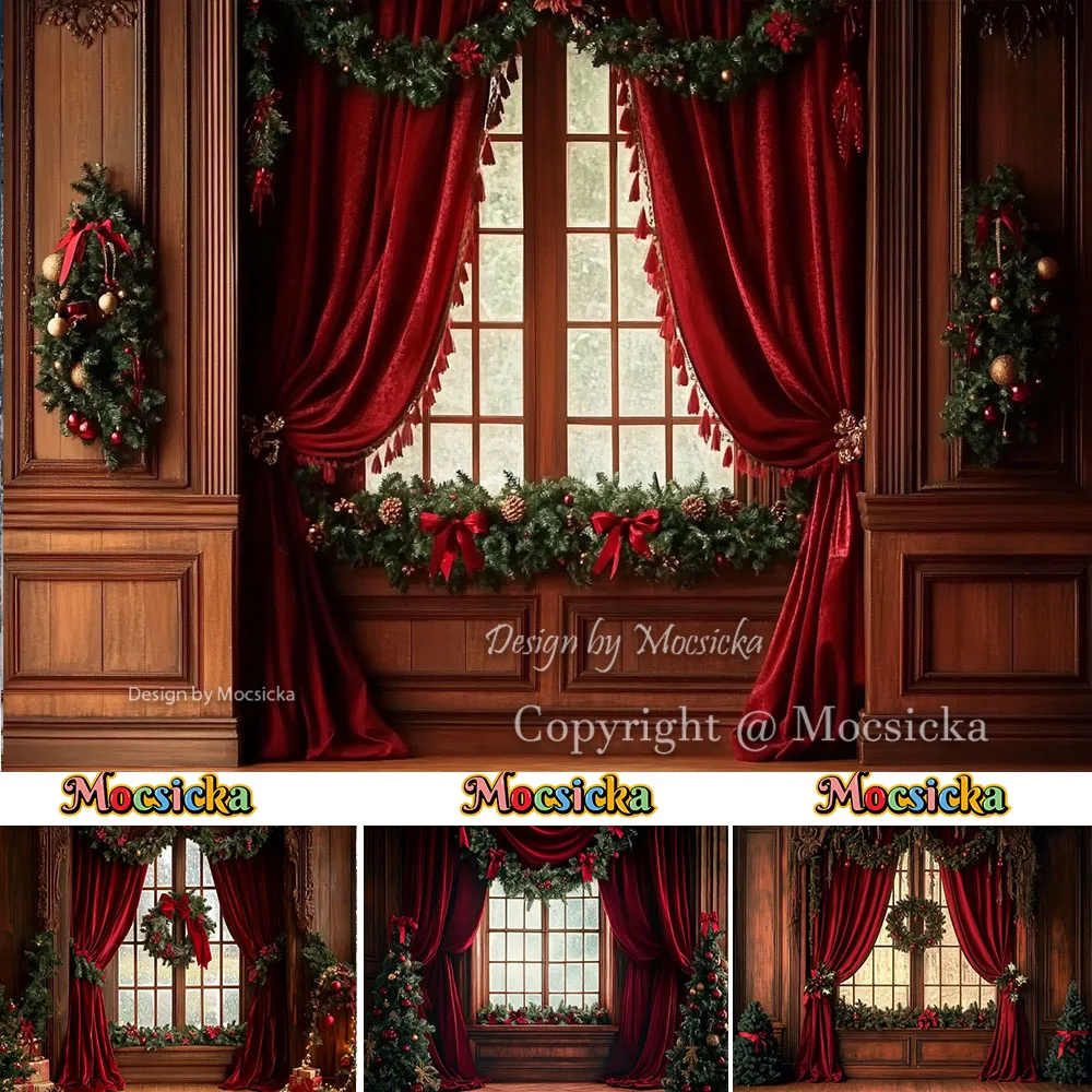Mocsicka Vintage Christmas Window Backdrop Red Curtain Wreath Wooden ...
