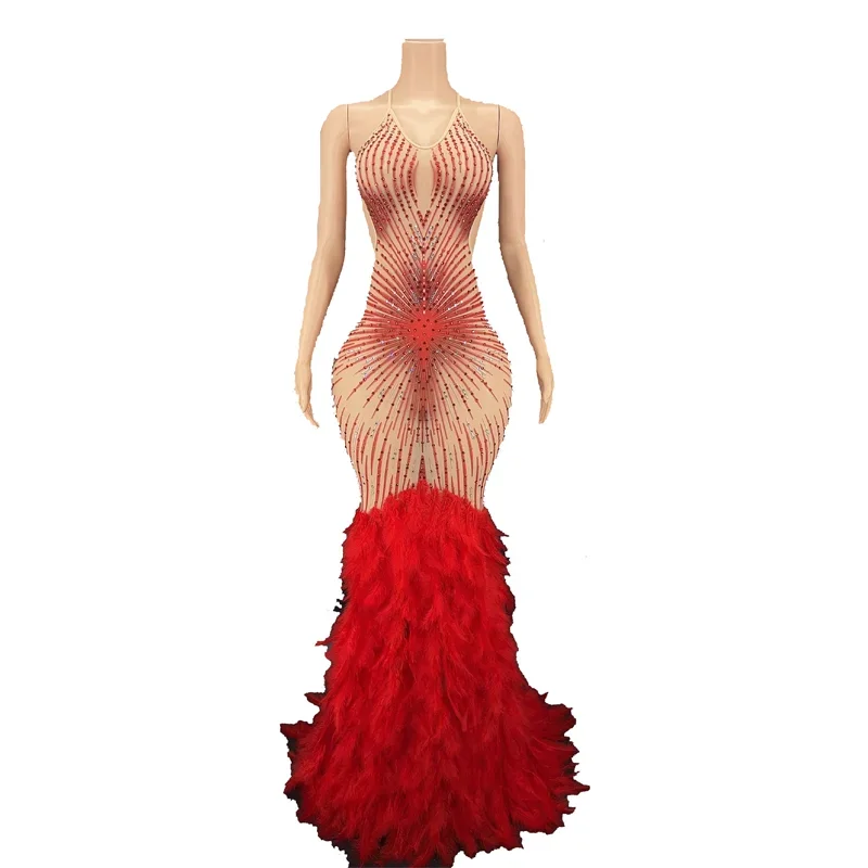 8 Colors New Sparkly Rhinestones Sexy Feather Long Dress Celebrate Birthday Party Costume Singer Performance Stage Wear