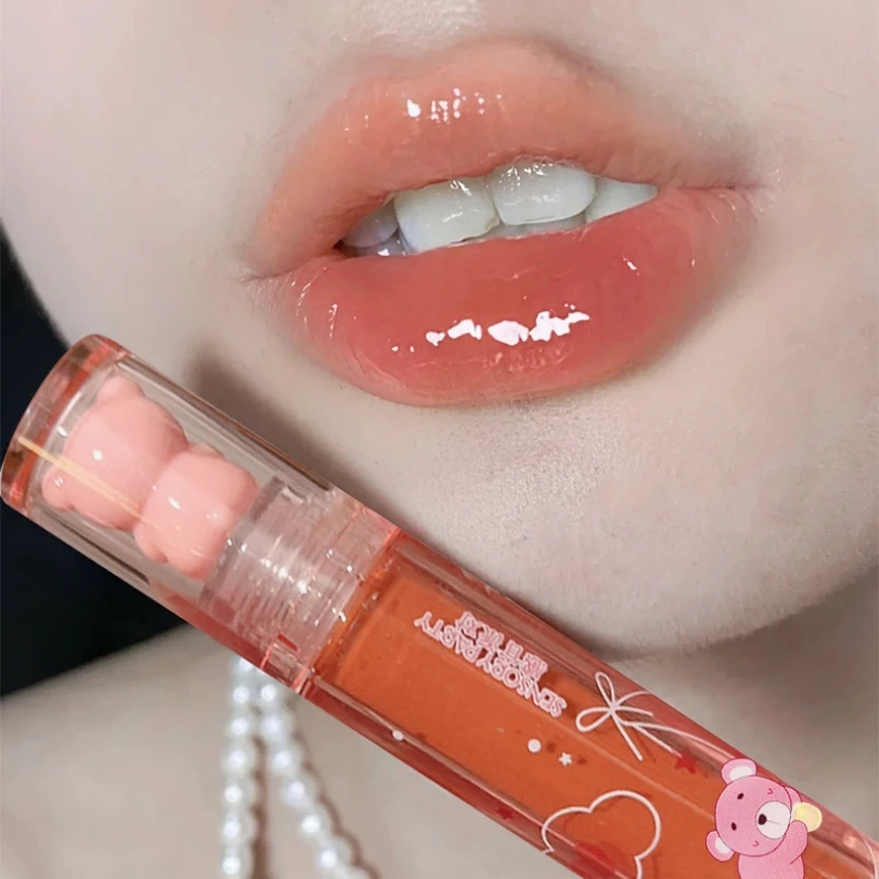 6 Color Lip Glaze Cute Little Bear Mirror Lip Gloss Water Light Nude Red Liquid Lipstick Clear Tint Makeup Transparent Glass