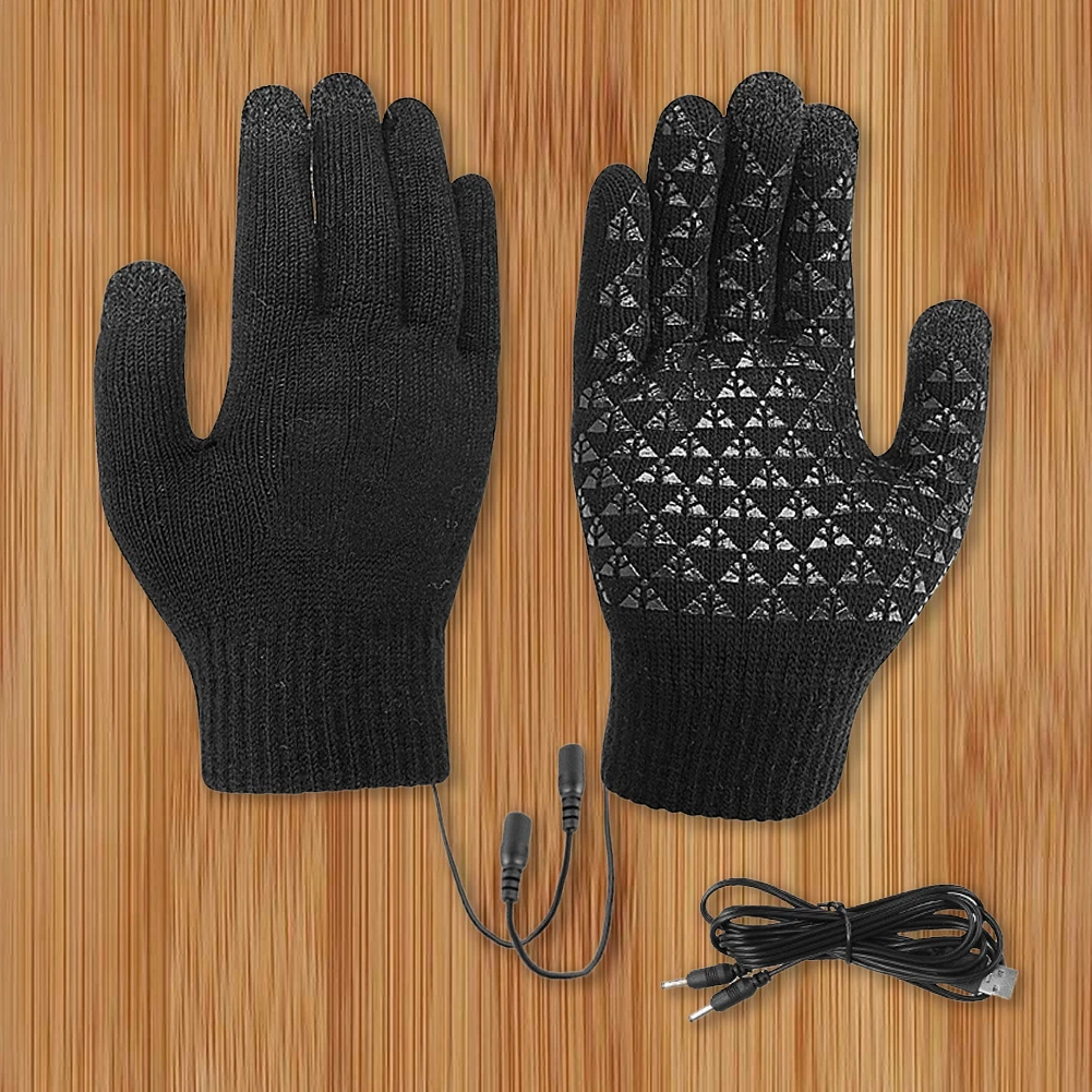 USB Heated Knitted Gloves Full Finger Gloves Non-Slip Touch Screen Gloves Thicken Thermal Knitting Mitts for Outdoor Sports
