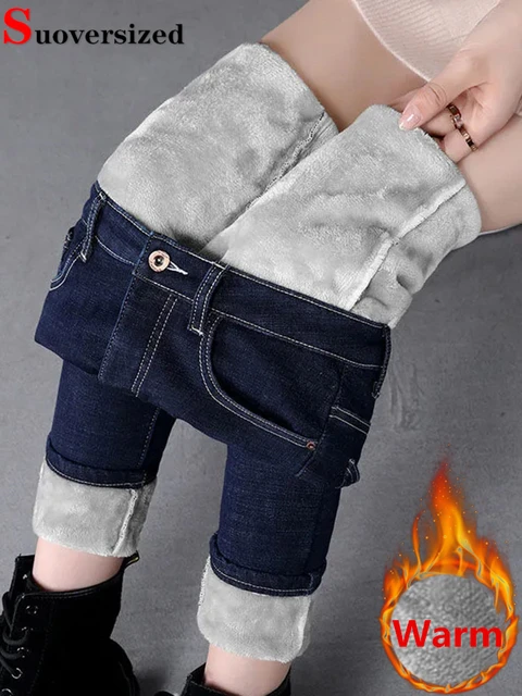 Big Size Slim Velvet Lined Jeans Pencil Pants Winter Women Plush