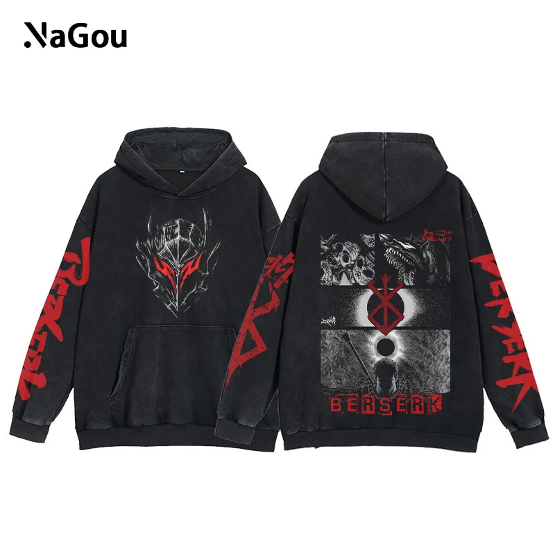 

Anime Berserk Acid Wash Hoodie Men Guts Manga Print Oversized Vintage Pullover Y2K Cotton Loose Fit Baggy Hooded Sweatshirt Top