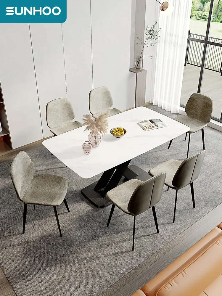 

Shuang Hu Italian Minimalist Rock Plate Dining Table Modern Simple Light Luxury 6 Household Dining Tables and Chairs Combination