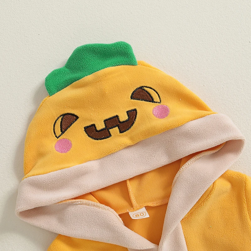 Suefunskry Kids Boy Girl Halloween Bathrobe with Belt Cartoon Pumpkin/Chick Print Plush Long Sleeve Hooded Robe for Fall Winter