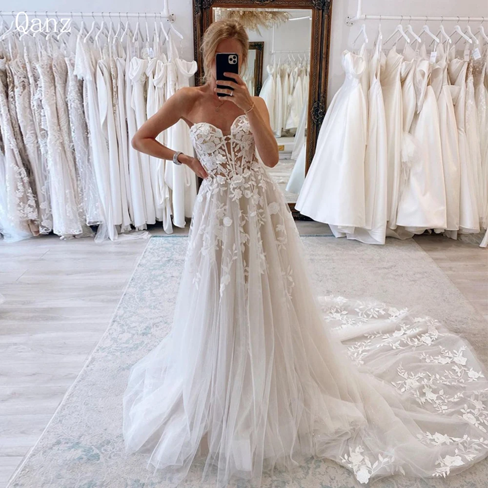 

Qanz Sweetheart Sleeveless Robe De Mariée Wedding Dress For Women 2024 A Line Sweep Train Lace Romantic Bride Boho Bridal Gowns