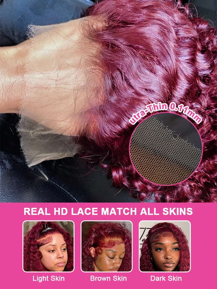 99J Burgundy Deep Wave 13x4 Lace Frontal Wig Red Wine Water Human Hair Brazilian 30 40 Inch Kinky Curly 13x6 HD Lace Front Wigs - Image 5