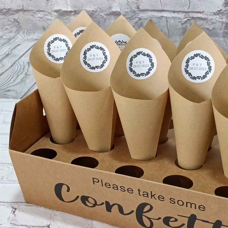 Sticker Customizable,Kraft Paper Wedding Tray Confetti Cone Stand Box ,Tray For Wedding
