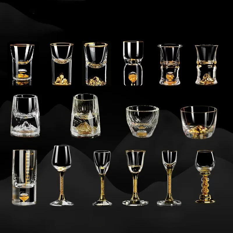 24K Gold Leaf Small Shot Glass Set Lead-Free Crystal Glass Gild Built In Luxury Golden Vodka Spirits Small Wine Glass Goblet Cup