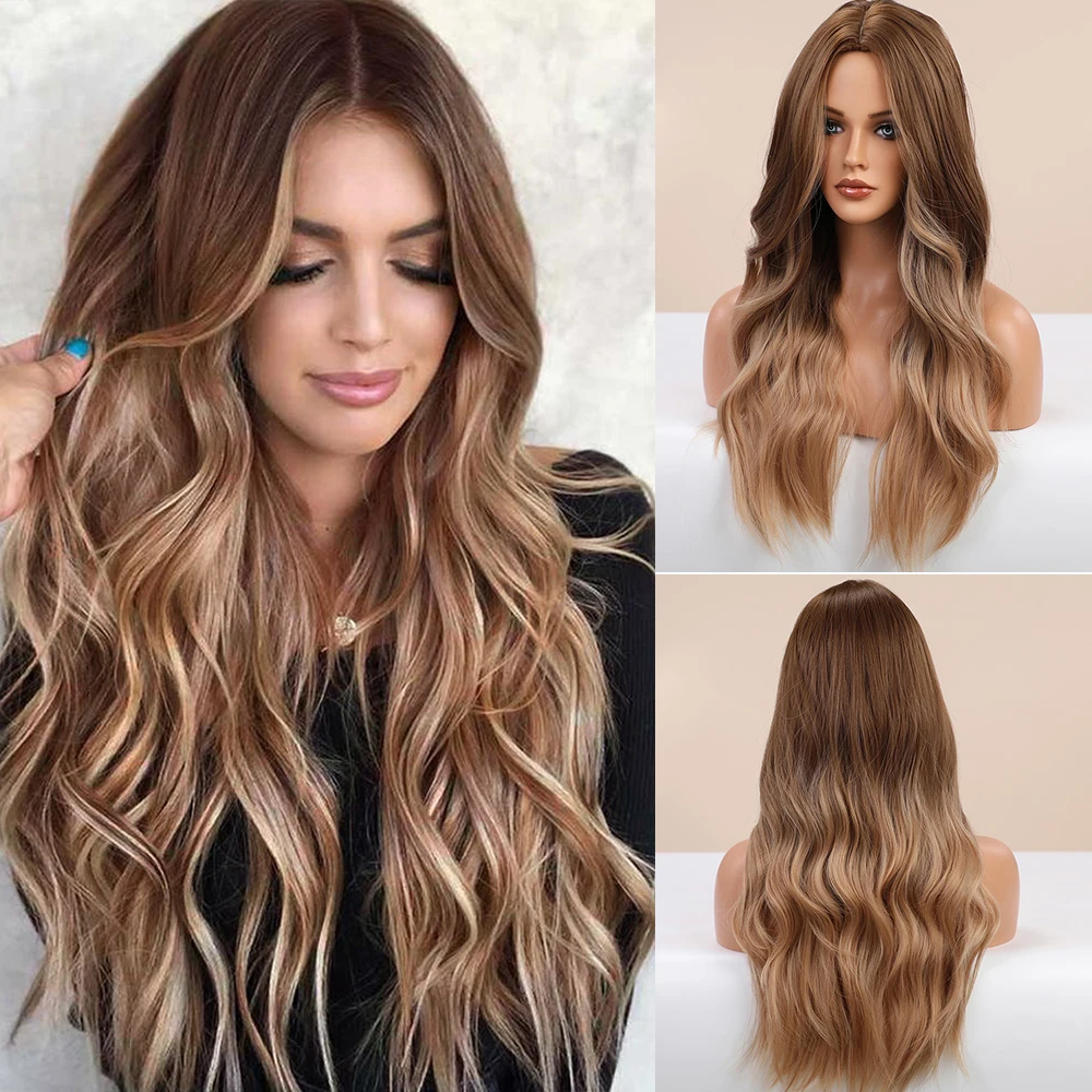 Long Brown Ombre Synthetic Wigs for Women Natural Hair Wavy Wigs Middle