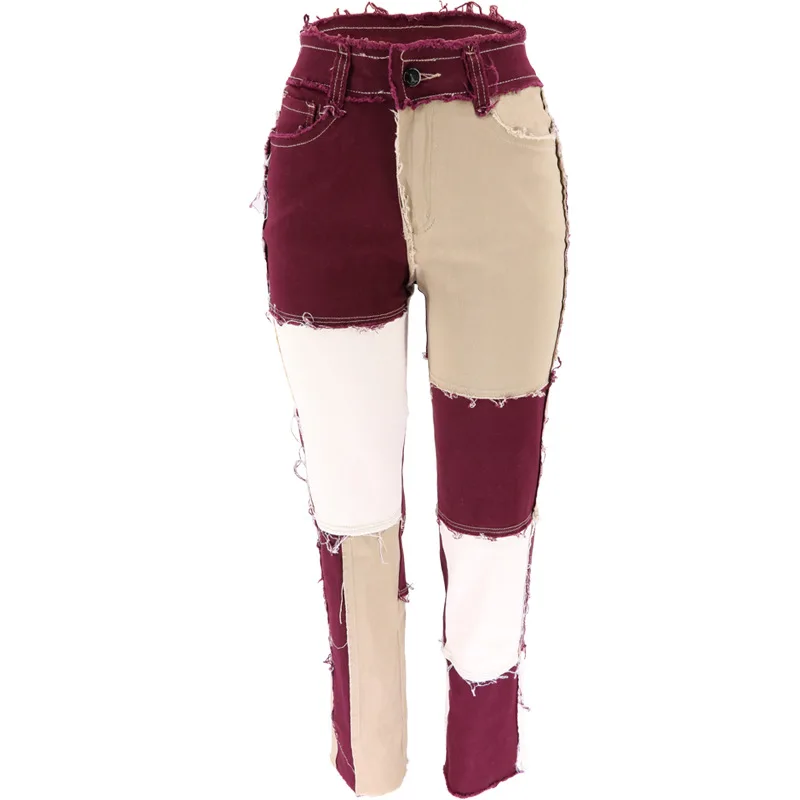 Jeans Women Straight Pants Patchwork Denim Trousers Splice Color Contrast Tassel PantsTrendy Fashion Streerwear Style Cool 4