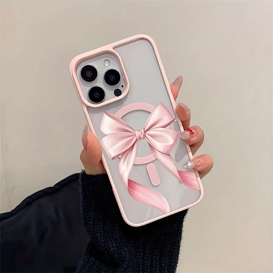 Pink Bow Pattern Magnetic Clear Wireless Charging Phone Case Cover