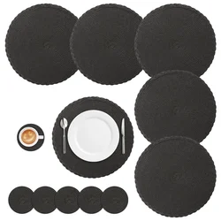 Set of 6 Stylish Braided Placemats and Coasters - Durable, Washable, and Heat-Resistant - 6 Mats 6 Coaster (PP Black)