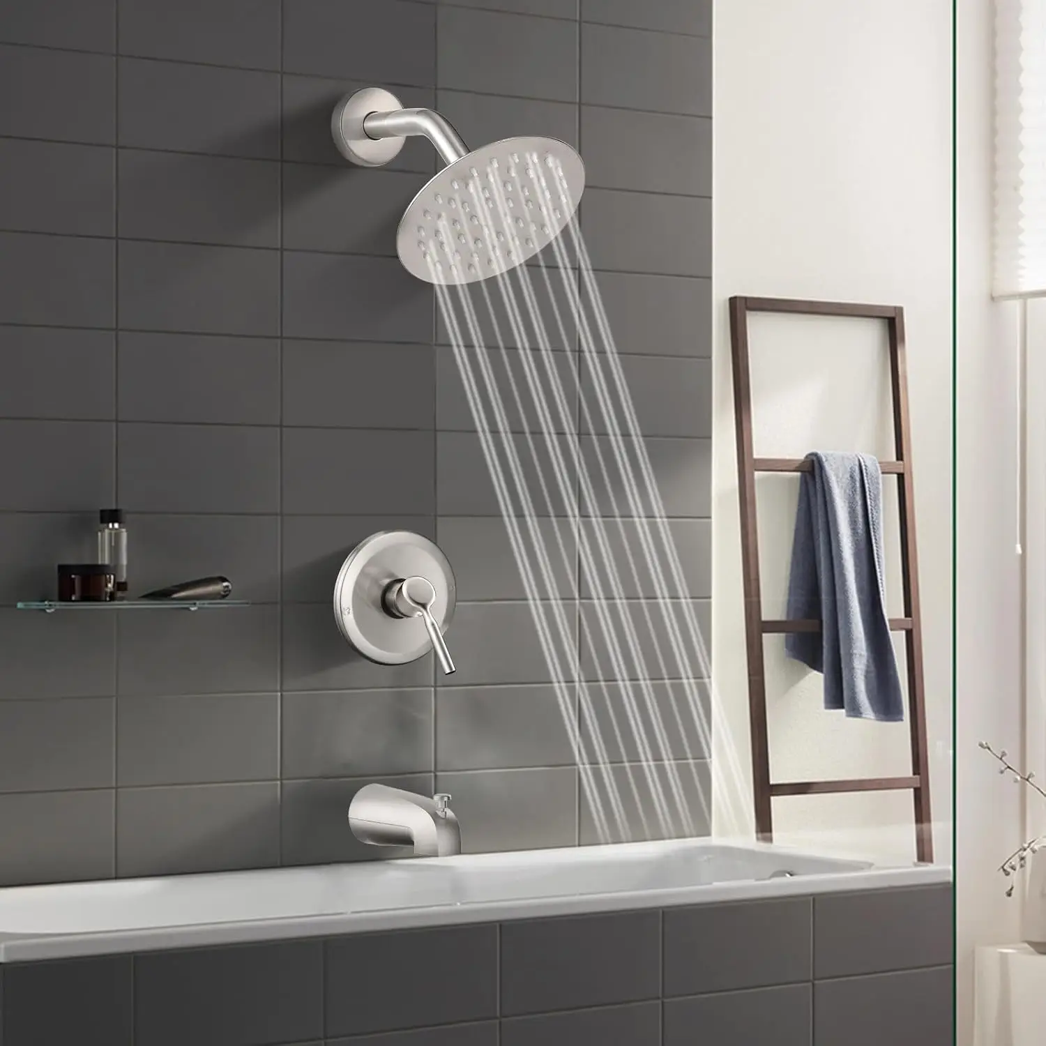 Tub Shower Faucet Set (Valve Included) with 6-Inch Rain Shower Head and Tub Spout Single-Handle Tub and Shower Trim Kit Brushed 2