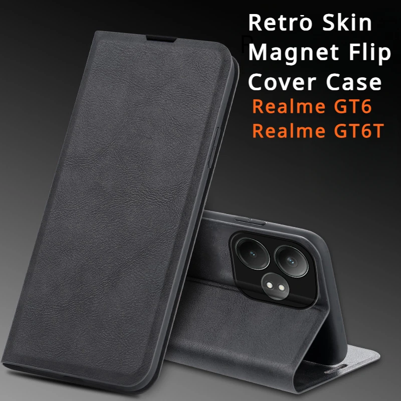 

Кожаный флип-чехол Realme GT 6 GT6 6T в стиле ретро с магнитной застежкой, полностью закрывающий чехол для телефона Realme GT6T GT 6