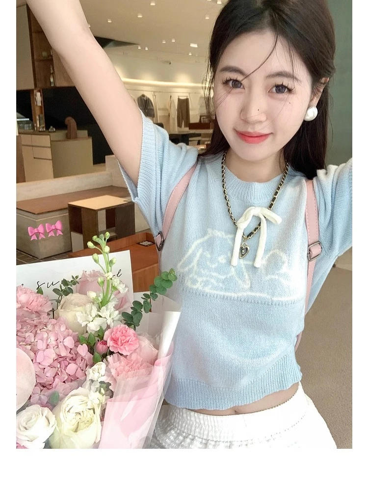 

Blue Printed Short Knit Sweater Women Spring Simple Versatile Slim Round Neck Top