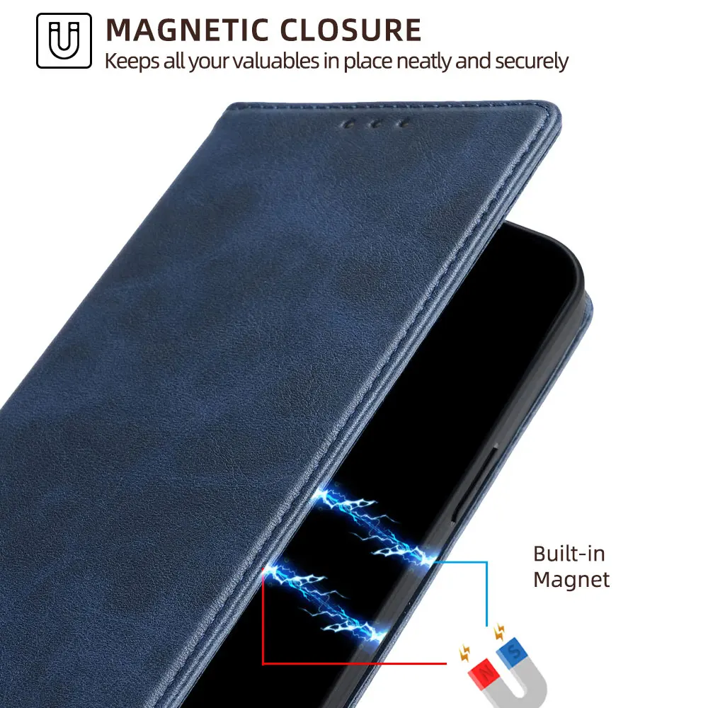 Leather Magnetic Flip Wallet Case with Card Slots and Holster - Protective Cover