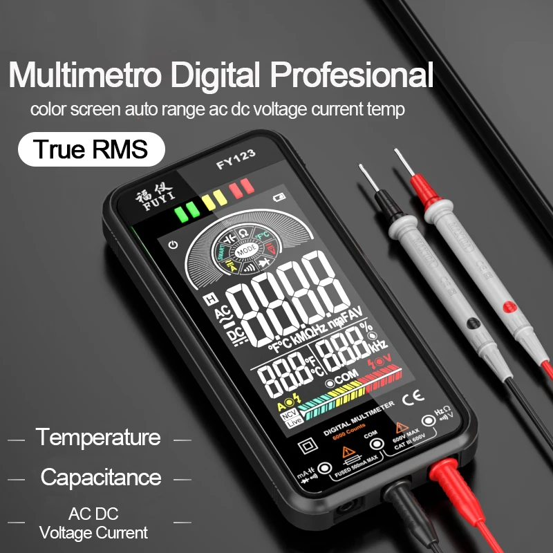 FY123 Color Screen Professional Multimentro Digital Auto Range AC DC  Voltage Current Temp Capacitance True RMS Smart Multitester