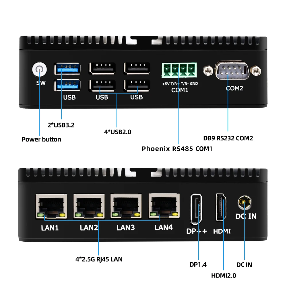12th Gen 2.5G Firewall Router Intel N100 J6426 4x i225-V LAN 2*COM RS485 RS232 Industrial Fanless Mini PC 2x4K OPNsense Proxmox 6