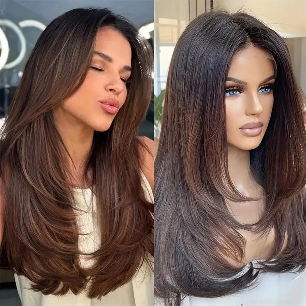 Ombre Brown Straight Human Hair Wigs for Women 180 Density Lace Front Wig Pre Plucked Brazilian Hair Natural Lace Frontal Wig 2
