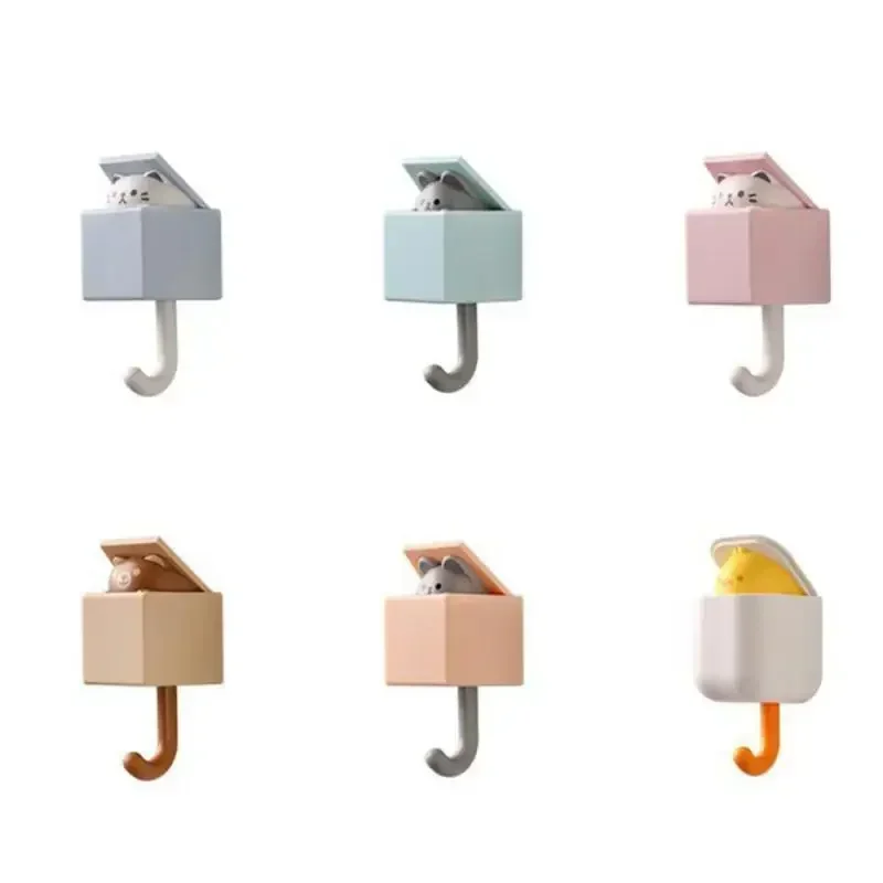 1/6pcs Cute Wall Hooks Key Holder Door Hanging Plastic Self Adhesive Wall Hanger Cartoon Cat Shape Hook For Kids Room Home Decor 5