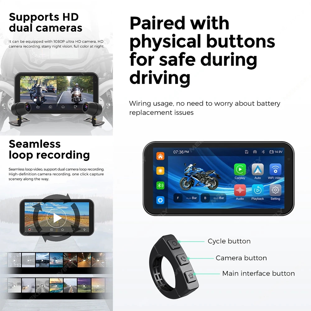 NaviFly 6.25 Inch Wireless Carplay & Android Auto Motorcycle IPX7 BT Helmet Navigation Display Screen Portable DVR TPMS