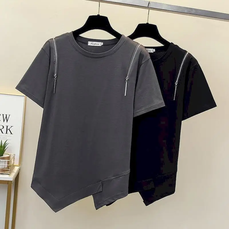 

Large Size T Shirts Women Loose Shoulder Design Top Summer Trendy Chic Short Sleeve T-shirt Fashion Individuality Womens Tshirts