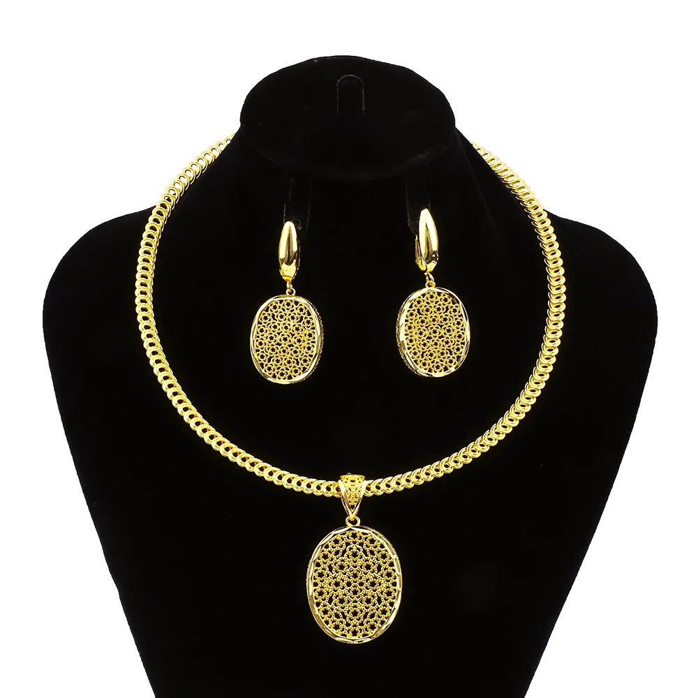 

Dubai Necklace Charm Earrings Jewelry Set with Gold Color, Hollow Design, Oval Round Pendant, Women's Wedding Party Gift