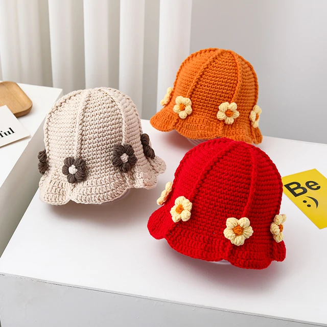 Cute Hand-knit Bucket Hat for Kids Boys&girls Ins Crochet Flower Stripe Baby Fisherman Hat Bohemian Style Toddlers Warm Cap 1