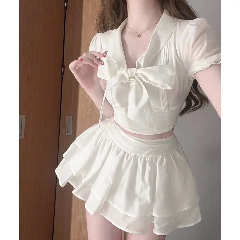 

Fashion Tie Bow Bubble Sleeve Short Blouse High Waist Ruffle Pom Pom Skirt Suit Pure Desire Style Hottie 2024