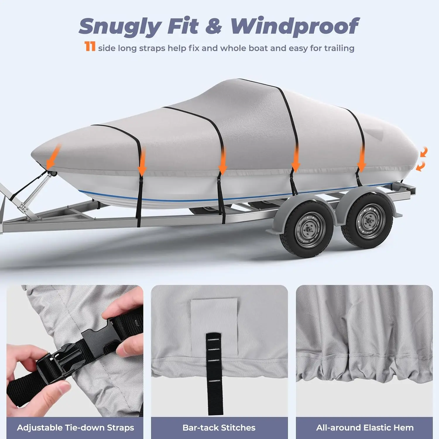 Middle 1200D Reinforced Boat Cover with Storage Bag Trailerable Marine Grade Waterproof Boat Cover Fits Bass Boat, V-Hull, Runab
