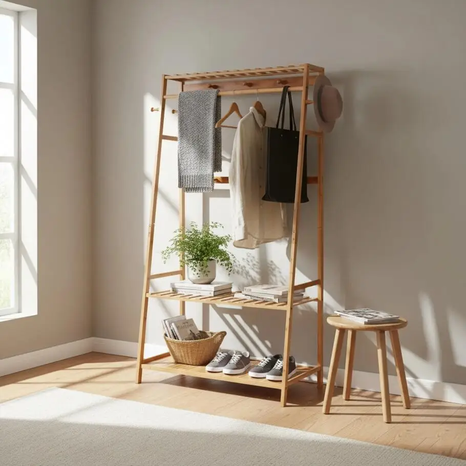 Bamboo Free Standing Clothes Rail Stand Garment Hanging Rack with Storage Shelf And 10 Hooks for Home Organization