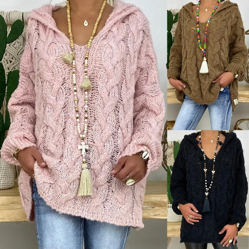

Hooded Pullovers V-Neck Long Sleeves Twist Knitted Sweater Hoodie Autumn Winter Solid Color Loose Sweater Jumper Female Clothing