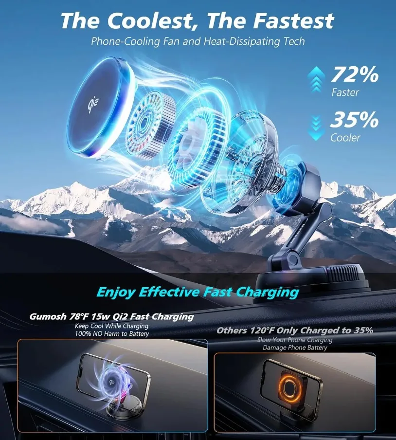 QI2 Cooling RGB Magnetic Wireless Car Charger Fast Charging Radiator Vacuum Suction Cup For Magsafe iPhone 17-12 Phone Holder