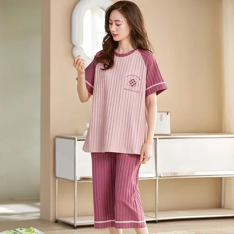SUKAE Lady Pajamas Set M-5XL Big Size Calf-length O-Neck Sleepwear Women Cotton Vintage Comfortable Casual Pijamas Woman women pajamas set women pajama suit cotton pajamas set