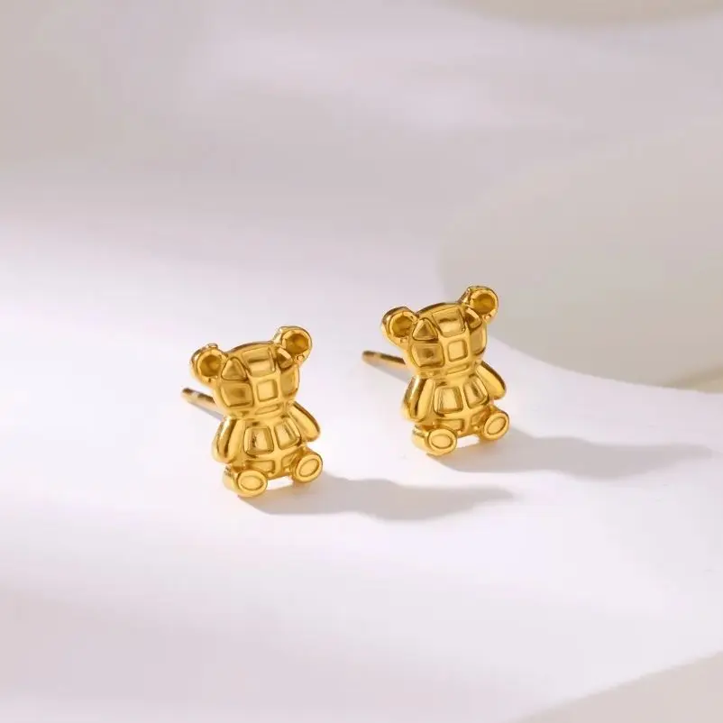 Cute Cartoon Bear Stud Earrings for Women Gold Color Stainless Steel