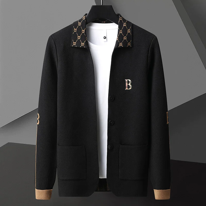 Luxury Spring and Autumn New Men's Solid Color Business Casual Sweater Trendy Neckline Design Pattern Embroidered Cardigan M-4XL knitted cardigan fleece cardigan cotton cardigan