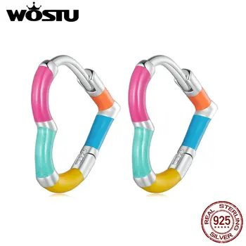 WOSTU 925 스털링 실버 미니 레인보우 하트 모양 이어 클립, 캔디 컬러 러브 하트 후프 귀걸이, 소녀 생일 선물