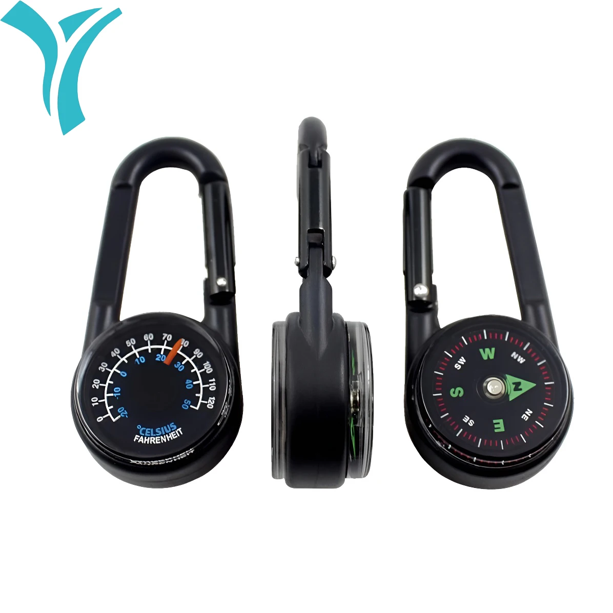 3-in-1 Mini Compass Thermometer Carabiner Clip β Outdoor Hiking Survival Key Ring 1