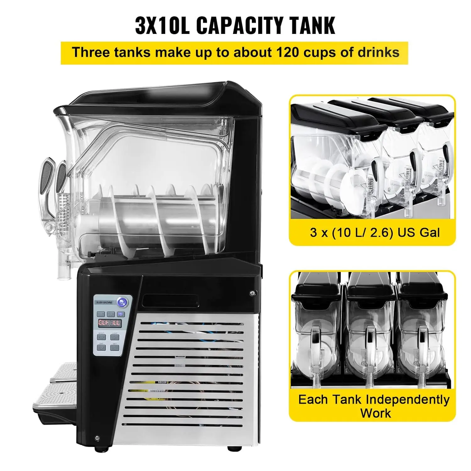 Slushy Machine Triple Bowl Frozen Drink Maker 1250W Automatic Clean Day and Night Modes for Supermarkets Cafes