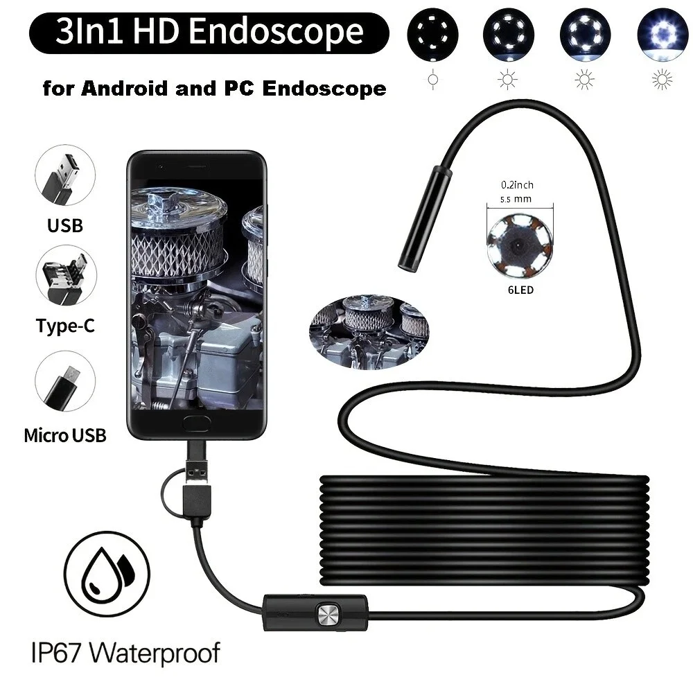 3-in-1 8mm 1080/1200P HD Industrial Endoscopes with 8 LED Light Mini USB Borescope Camera IP67 Waterproof for Android/PC