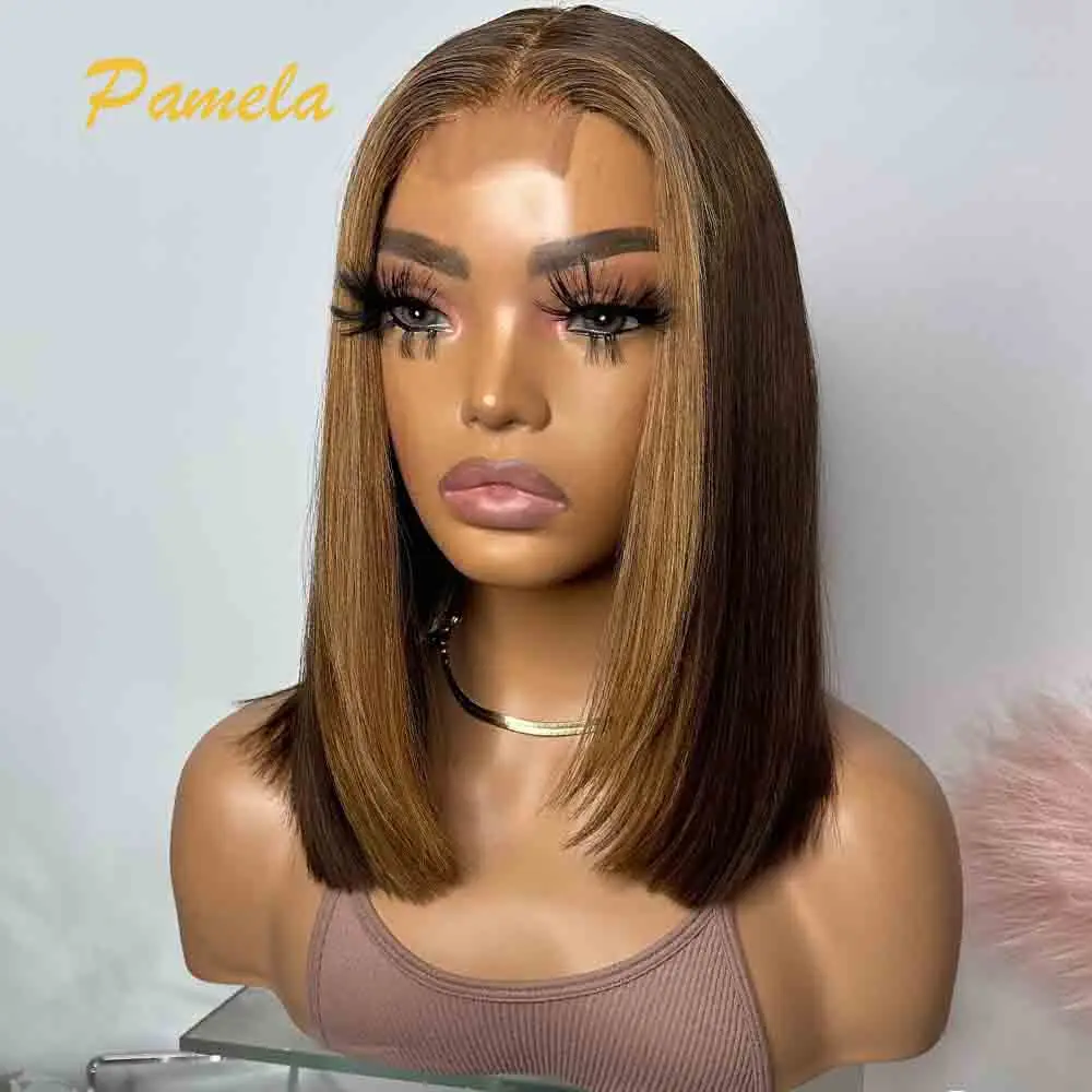 Highlight 13x4 Short Straight Bob Brown Blonde Ombre 1b 27 Colored Transparent Lace Frontal Human Hair Glueless Wigs Ready To Go