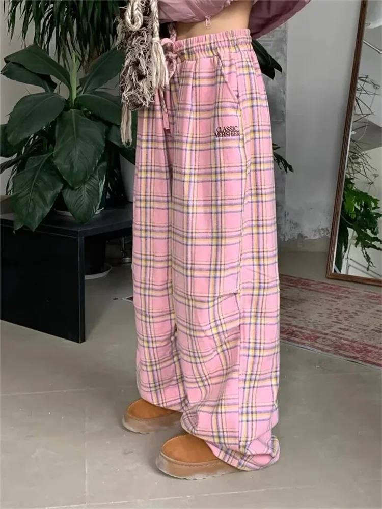 Deeptown Y2K Pink Plaid Pants Women Korean Fashion Winter Wide Leg Checked Trousers Oversized Harajuku Vintage Baggy Sweatpants
