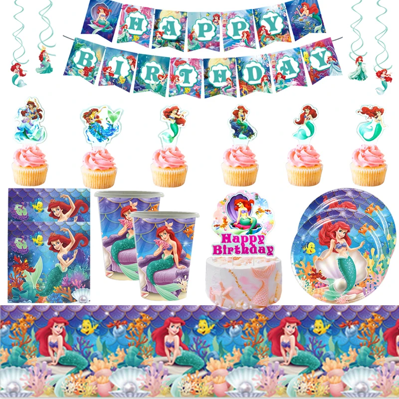 

Birthday Party Mermaid Theme Decorations Tableware Cup Plate Napkin Tablecloth Letter Banner Cake Toppers Ceiling Swirls 87pcs