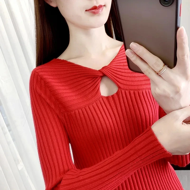 

Women Sweater Autumn and winter Knitted Pullovers V-neck Slim Fit Bottoming Shirt Solid Soft Knitwear Jumpers Basic Sweaters