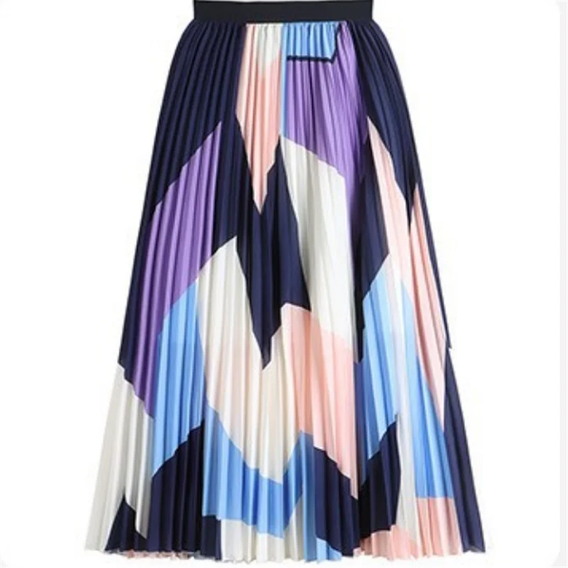 Vintage Digital Print Skirt Women's Summer 2024 SPring High-Waisted Slimming Mid-Length A-Line Pleated Skirt
