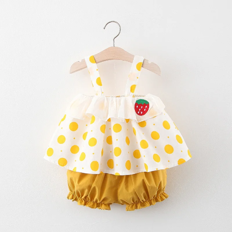 Girls' clothing suit new summer girls' clothing polka dot bow vest T-shirt top+shorts pants two-piece new children's clothing