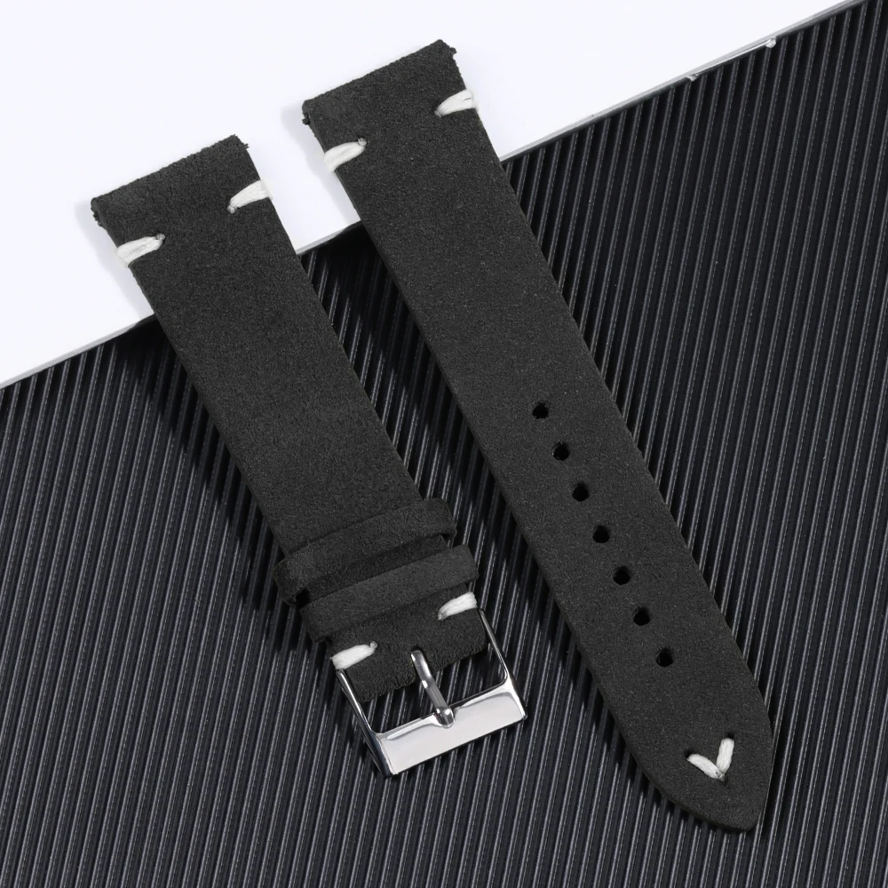 Vintage-Style Suede Leather Watch Strap with Handmade Stitching