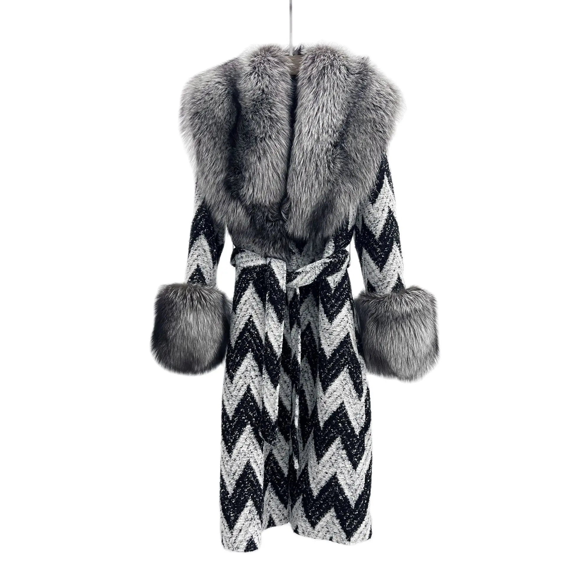 

2023 New Women Real Fox Fur Collar Woolen Tweed Coat High Quality Elegant Ladies Natural Red Fox Fur Jacket Outerwear