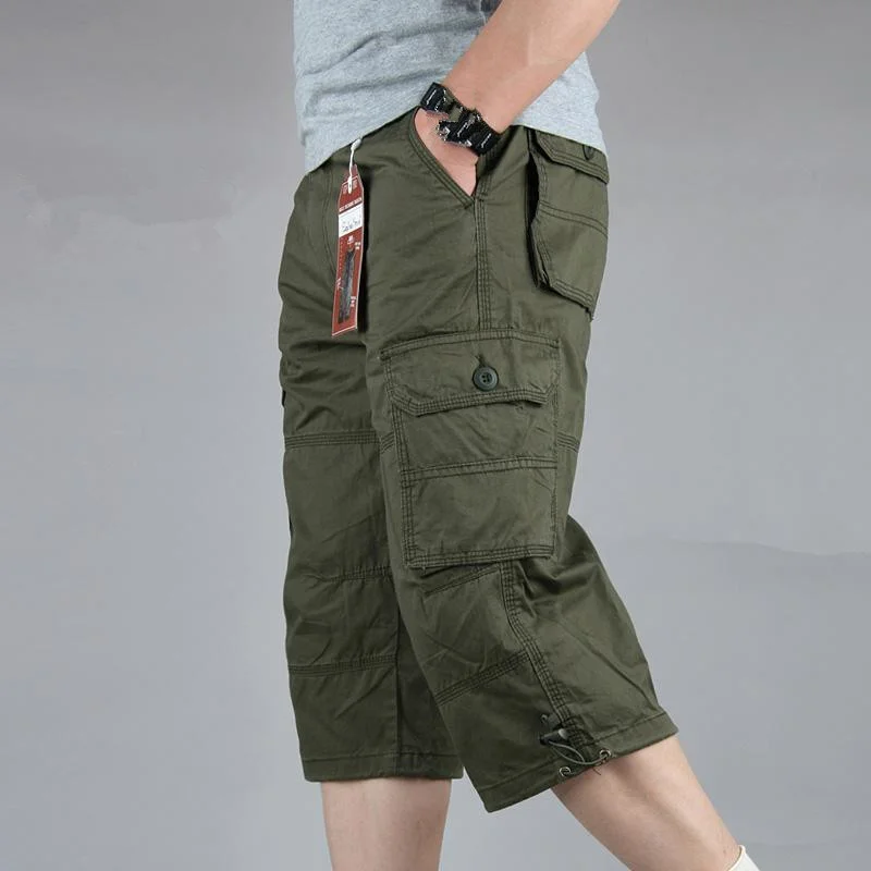 

Summer Casual Long Length Cargo Shorts Men Cotton Multi Pocket Baggy Capri Hot Breeches Tactical Military Army Cropped Trousers