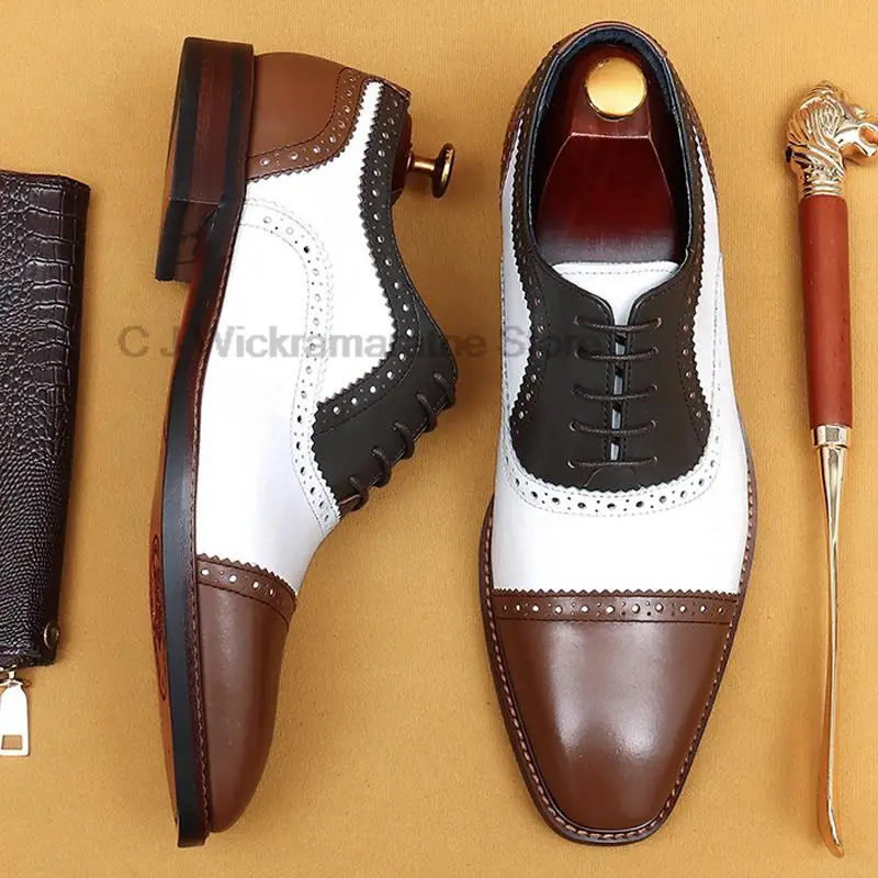 

HKDQ Мужская обувь ручной работы из телячьей кожи с закрытым носком Оксфорд смешанных цветов на шнуровке Роскошные броги для свадьбы вечеринки официальная обувь для мужчин